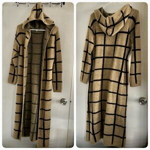 Hooded Long Cardigan Sweater, Size S, Color Tan and Black